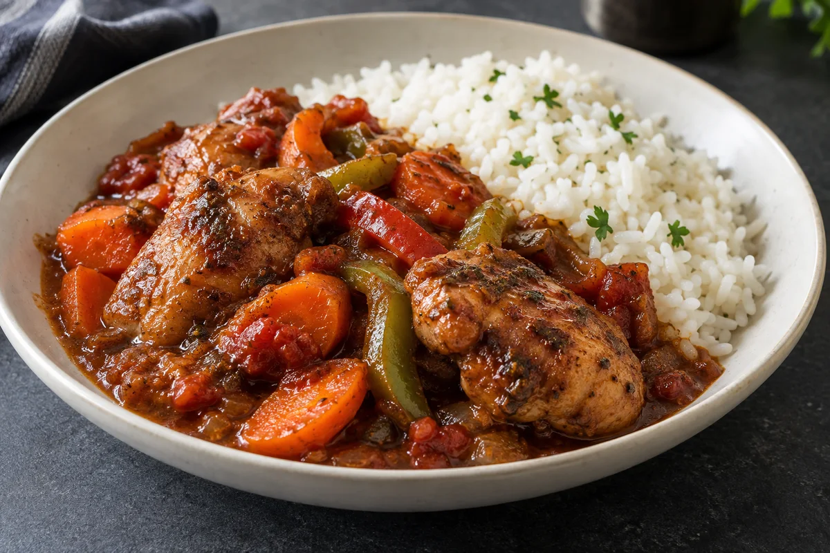 Brown-stew-style chicken with rice and carrots