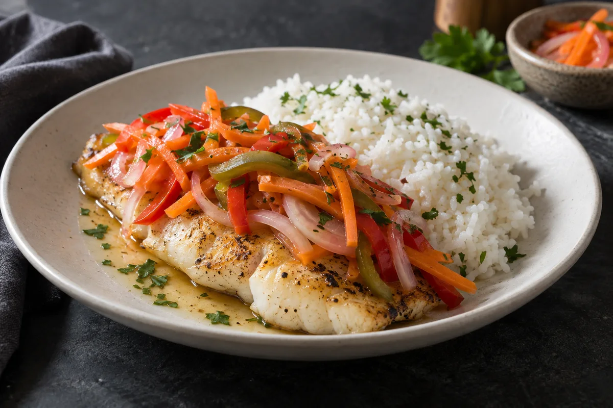 Escovitch-style fish with quick pickled vegetables and rice