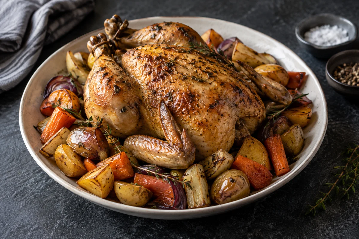 Whole roast chicken with root vegetables
